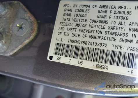 2007 Honda Accord 3.0 Ex z USA, uszkodzony, nr VIN 1HGCM66587A103972